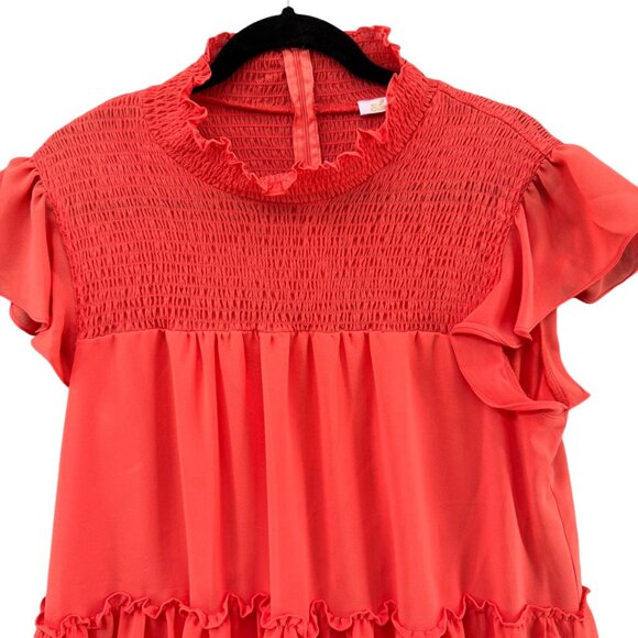 Bleecker 126 Smocked Tiered Dress Salmon Pink Short Sleeve Ruffle Pleated Sz 16 - Picture 8 of 9